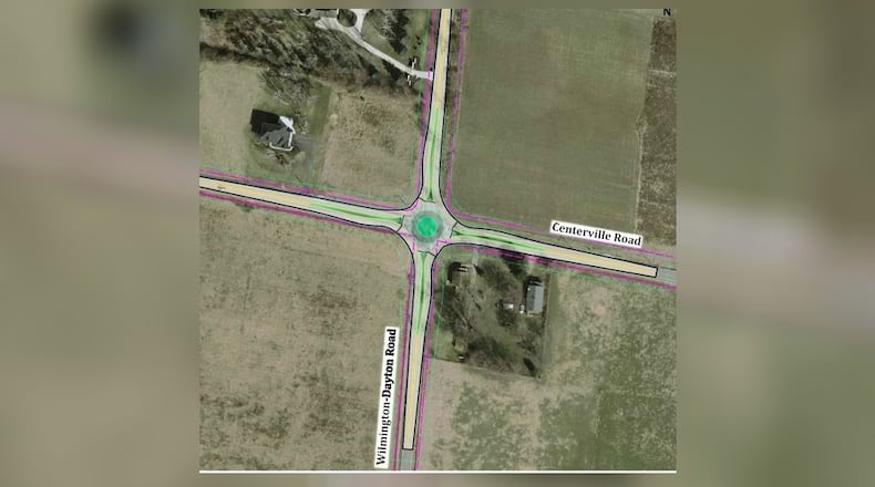 The Greene County Engineer's Office is planning a roundabout to replace a busy intersection at Wilmington-Dayton Road and Centerville Road. CONTRIBUTED