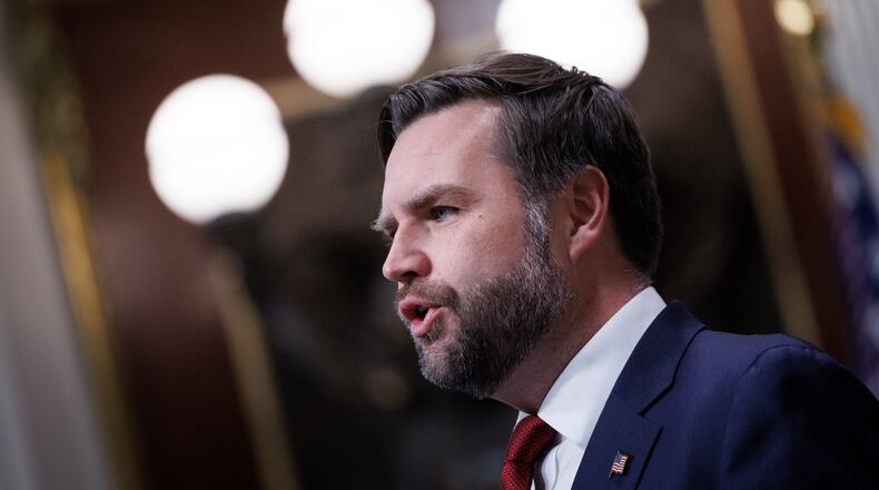 Vice President JD Vance speaks during a news conference in the Old Eisenhower Executive Office Building on the White House campus Wednesday, Feb. 25, 2026, in Washington. (AP Photo/Tom Brenner)