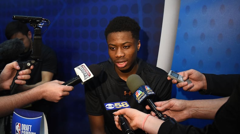 CHICAGO, IL - MAY 17:  Kostas Antetokounmpo speaks with reporters during Day One of the NBA Draft Combine at Quest MultiSport Complex on May 17, 2018 in Chicago, Illinois.  NOTE TO USER: User expressly acknowledges and agrees that, by downloading and or using this photograph, User is consenting to the terms and conditions of the Getty Images License Agreement.  (Photo by Stacy Revere/Getty Images)