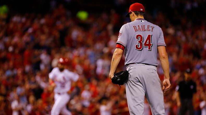 ST. LOUIS, MO - AUGUST 31: Homer Bailey #34 reacts after giving up a tow-run home run against the St. Louis Cardinals in the second inning at Busch Stadium on August 31, 2018 in St. Louis, Missouri.  (Photo by Dilip Vishwanat/Getty Images)