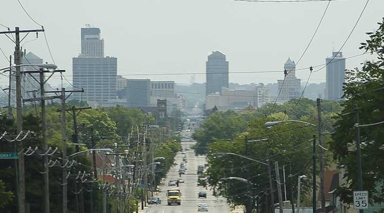 Coal-fired power plants and the sulfer content of gasoline are among the contributors to poor air quality in the Dayton region. This view of Dayton is looking east on West Third Street.