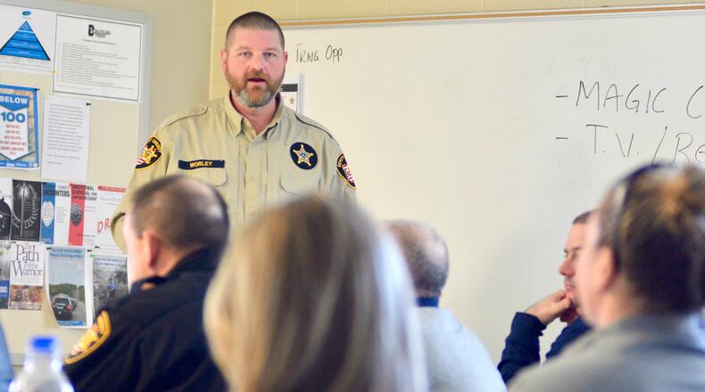 Butler County Sheriff’s Office Specialist Mark Worley leads a training class of Butler County law enforcement officers on Thursday, March 16, 2017, at the Butler Tech Public Safety Education Complex in Liberty Twp. The Butler County Sheriff’s Office is coordinating some of the mandated training by the state to ensure all officers receive the mandated training. MICHAEL D. PITMAN/STAFF