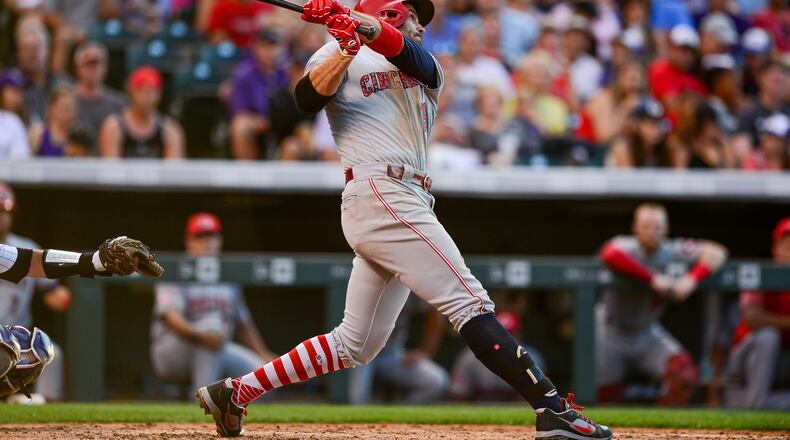 Joey Votto watches the flight of a sixth inning solo home run hit Monday off of Jeff Hoffman of the Rockies, as the Reds lost 5-3 at Coors Field. The Reds' first baseman has 24 long balls already, a career high before the All-Star Game.