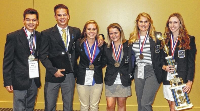 Pictured left to right Northmont DECA members David Vennemeyer, Ryan Pullins, Emily Howard, Meredith Saylor, Claudia Studebaker and Grace Counts. CONTRIBUTED