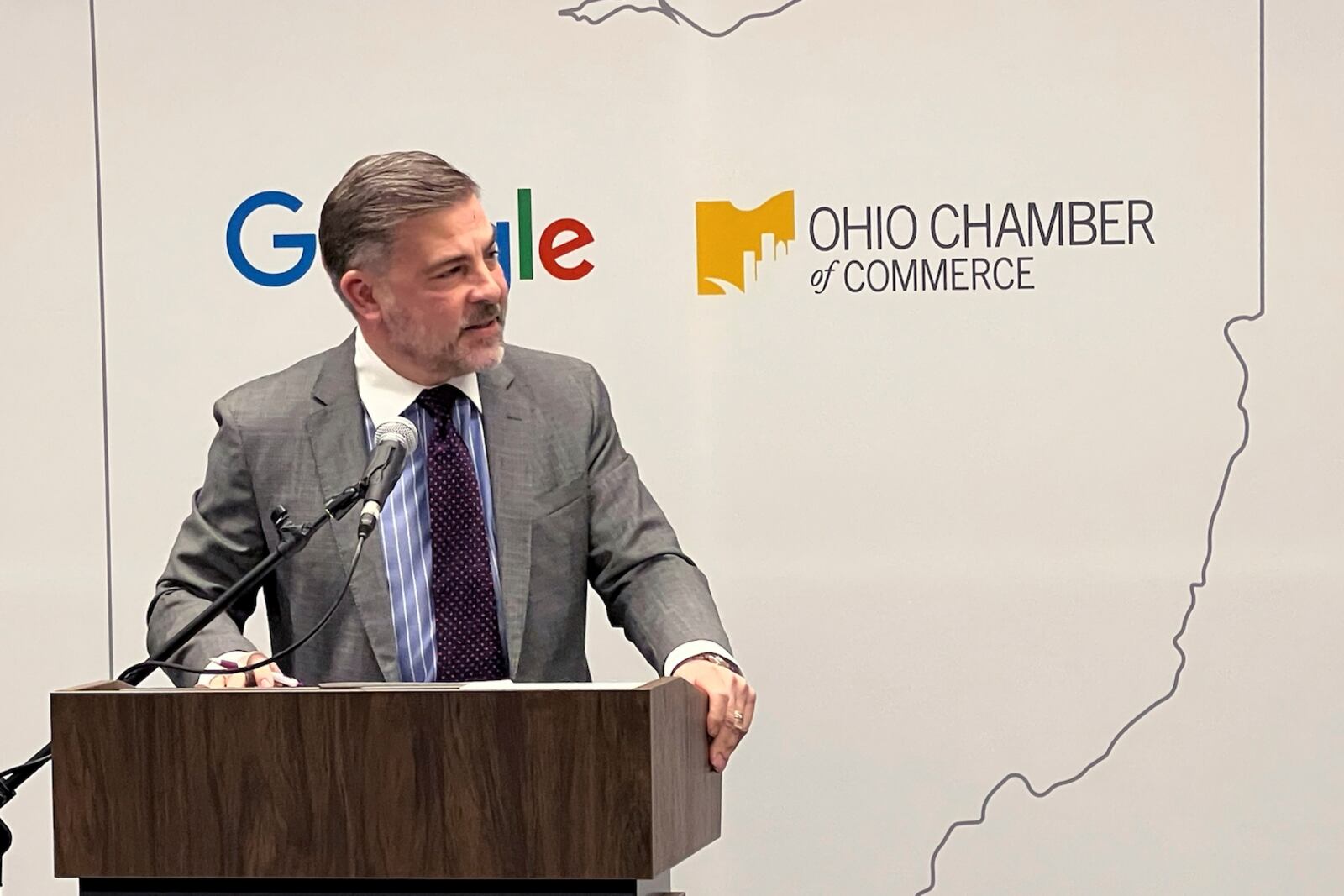 U.S. Representative Troy Balderson speaks at the Ohio Chamber of Commerce in Columbus, Ohio on Wednesday, May 3, 2023 to announce that Google will be opening three more data centers in central Ohio. (AP Photo/Patrick Orsagos)