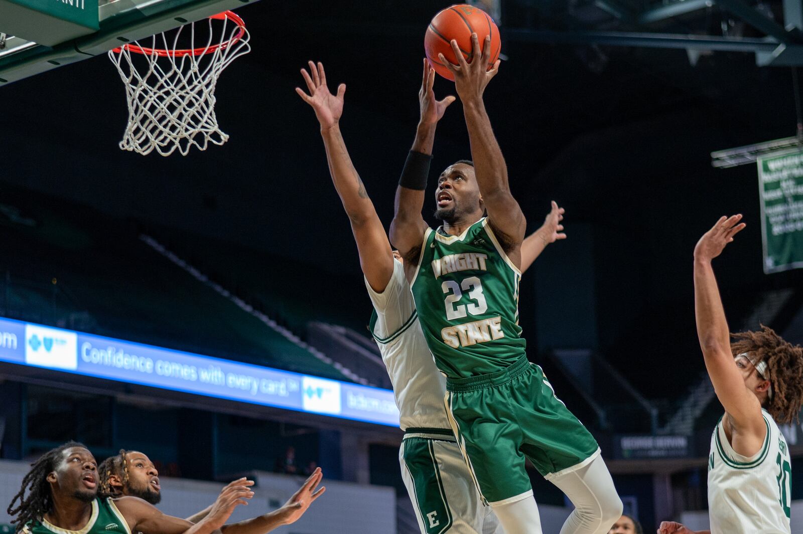 Wright State's Jack Doumbia puts up a shot at Eastern Michigan earlier this season. Wright State Athletics photo