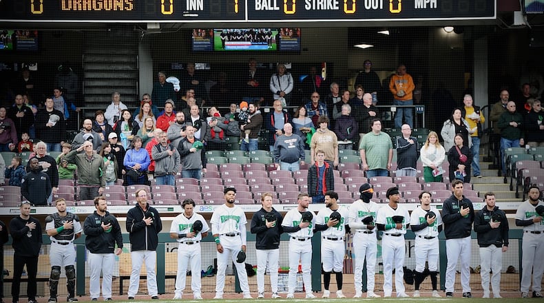Pregame fun at the Dayton Dragons game at Day Air Ballpark Wednesday night April 20, 2022. MARSHALL GORBY \STAFF