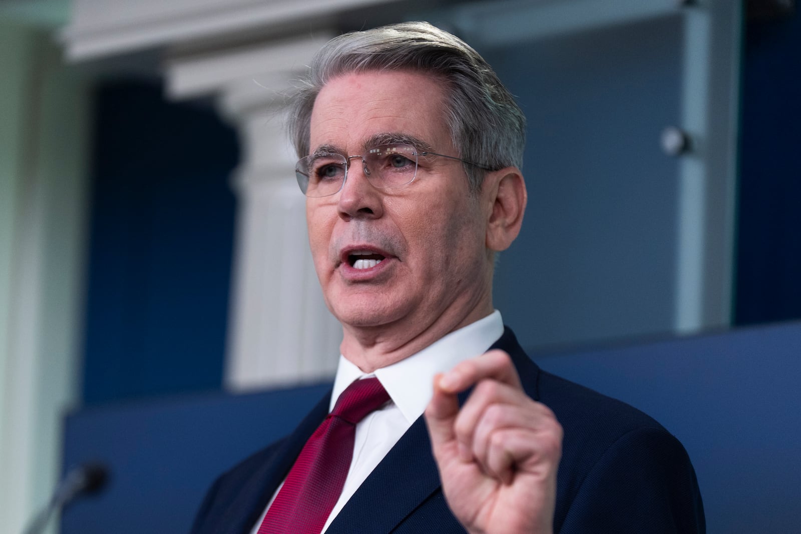 FILE - Treasury Secretary Scott Bessent speaks to reporters in the James Brady Press Briefing Room at the White House, April 29, 2025, in Washington. (AP Photo/Manuel Balce Ceneta, File)