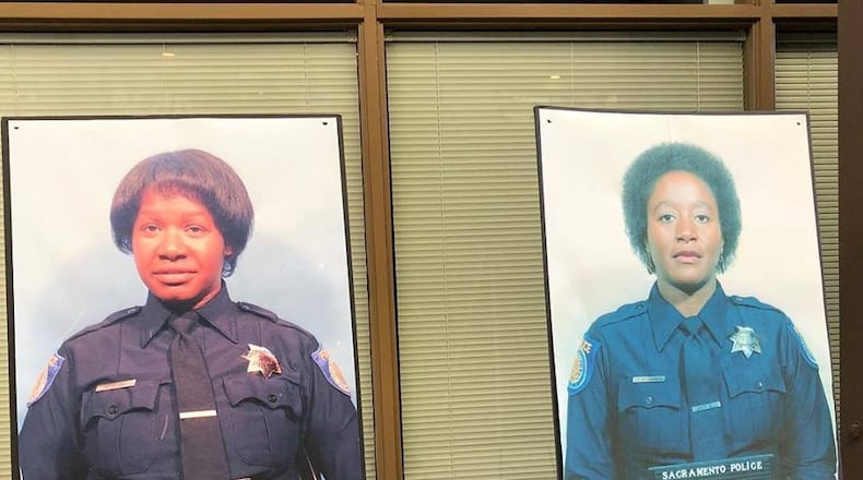 Flossie Crump and Dayton native Felicia Allen became the first women sworn in as police officers in Sacramento, Calif in 1974. The atrium at the police department's headquarters was recently dedicated in their honor. Allen is pictured on the left.