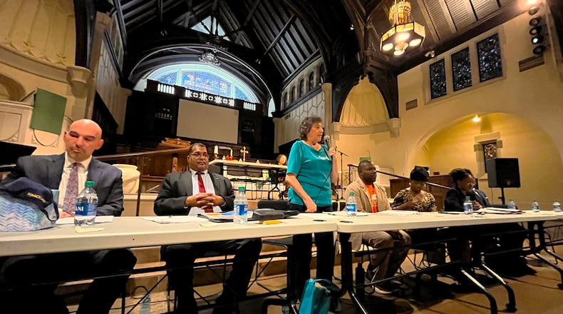 Four people are running for two seats on the Dayton City Commission. From the left, incumbent Commissioners Matt Joseph and Chris Shaw and challengers Valerie Duncan and Marcus Bedinger at a candidate forum hosted by the Dayton Unit NAACP on Sept. 25, 2023. CORNELIUS FROLIK / STAFF