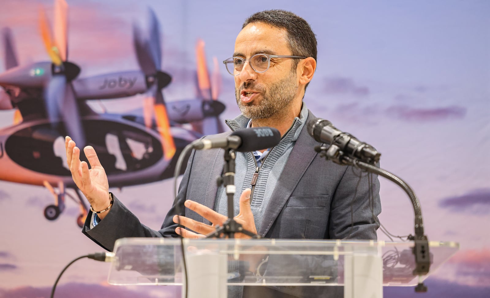 Joby Aviation President of Aircraft OEM Didier Papadopoulos speaks during a reception on Monday, Nov. 10 at the company's new facility near Dayton International Airport. BRYANT BILLING/STAFF