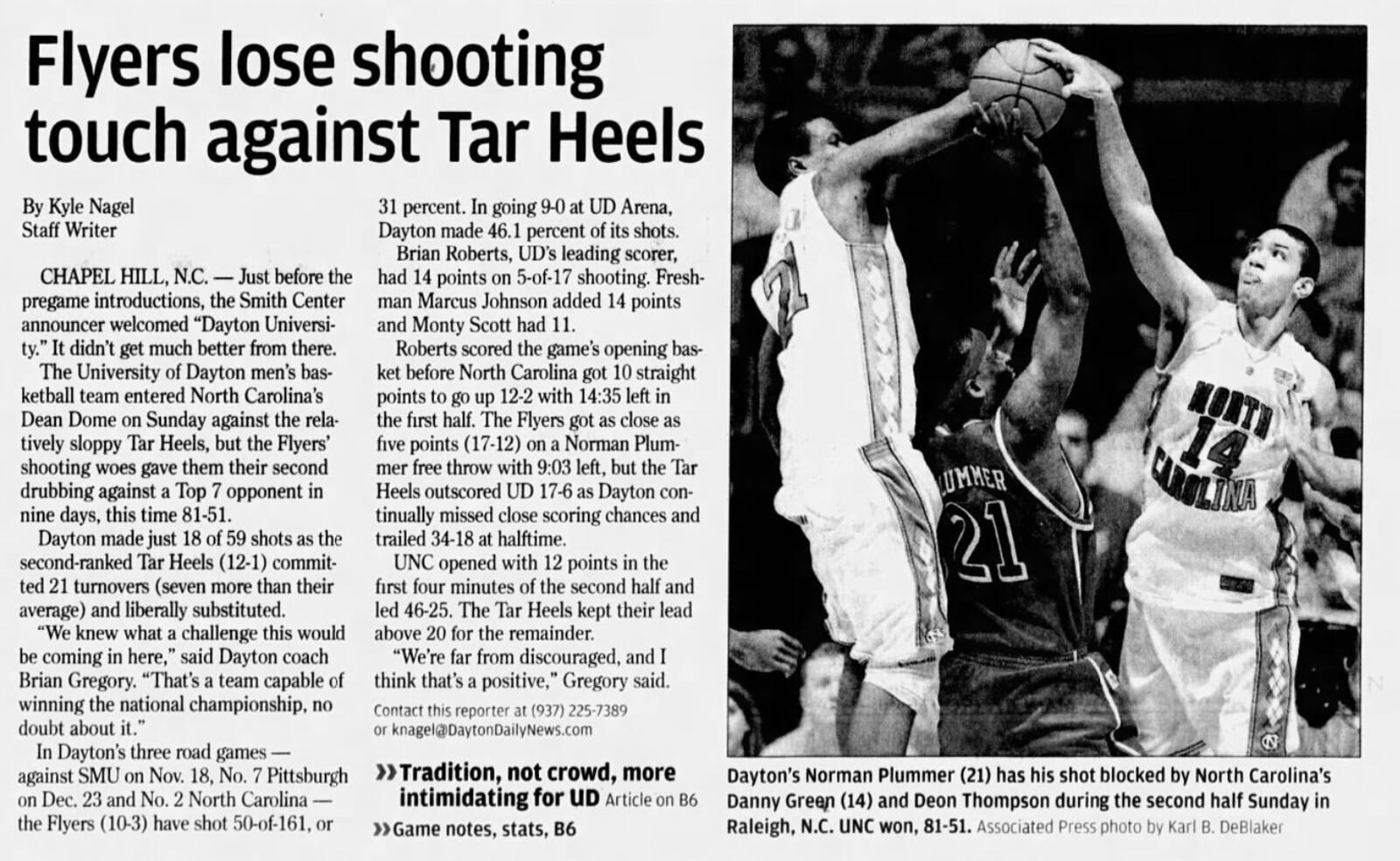 Dayton vs. North Carolina game story from Jan. 1, 2007, Dayton Daily News.
