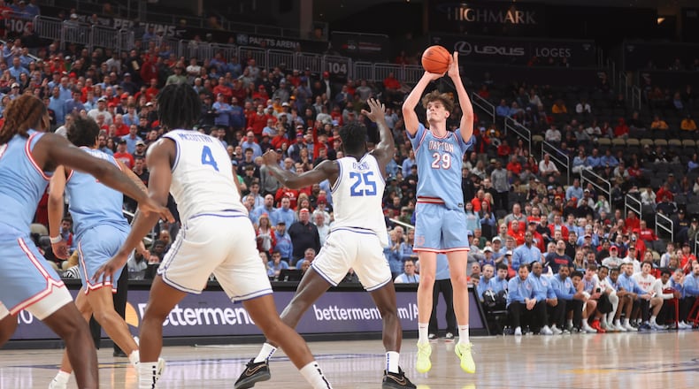 Dayton's Amaël L'Etang shoots in the first half against Saint Louis in the semifinals of the Atlantic 10 Conference tournament on Saturday, March 14, 2026, at PPG Paints Arena in Pittsburgh. David Jablonski/Staff