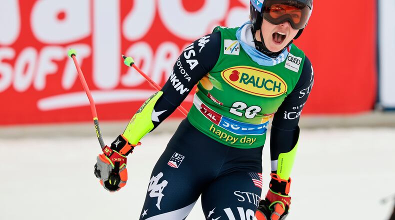 United States' Mikaela Shiffrin celebrates at the finish area of an alpine ski, women's World Cup giant slalom, in Soelden, Austria, Saturday, Oct. 25, 2025. (AP Photo/Marco Trovati)