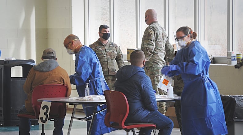 FILE PHOTO: Free walk-up coronavirus testing was available the old Greene County career technology Center near Xenia Tuesday, Dec. 15, 2020, in partnership with Public Health Greene County. STAFF/MARSHALL GORBY