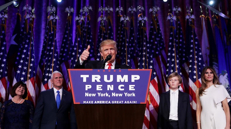 NEW YORK, NY - NOVEMBER 09: Republican president-elect Donald Trump delivers his acceptance speech during his election night event at the New York Hilton Midtown in the early morning hours of November 9, 2016 in New York City. Donald Trump defeated Democratic presidential nominee Hillary Clinton to become the 45th president of the United States. (Photo by Chip Somodevilla/Getty Images)