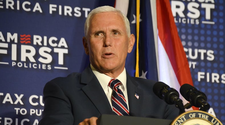 Vice President Mike Pence was in Cincinnati on Tuesday to promote the Trump administration tax cuts. America First Policies, a group that promotes President Donald Trump’s policies, sponsored the Pence visit in downtown Cincinnati. MICHAEL D. PITMAN/STAFF