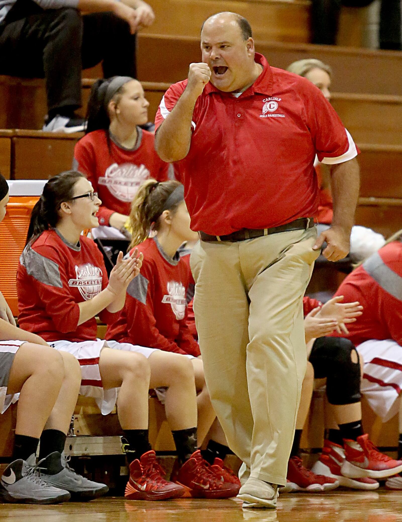 Carlisle coach Randy Glover reacts to his team’s play during Saturday afternoon’s game against visiting Madison. CONTRIBUTED PHOTO BY E.L. HUBBARD