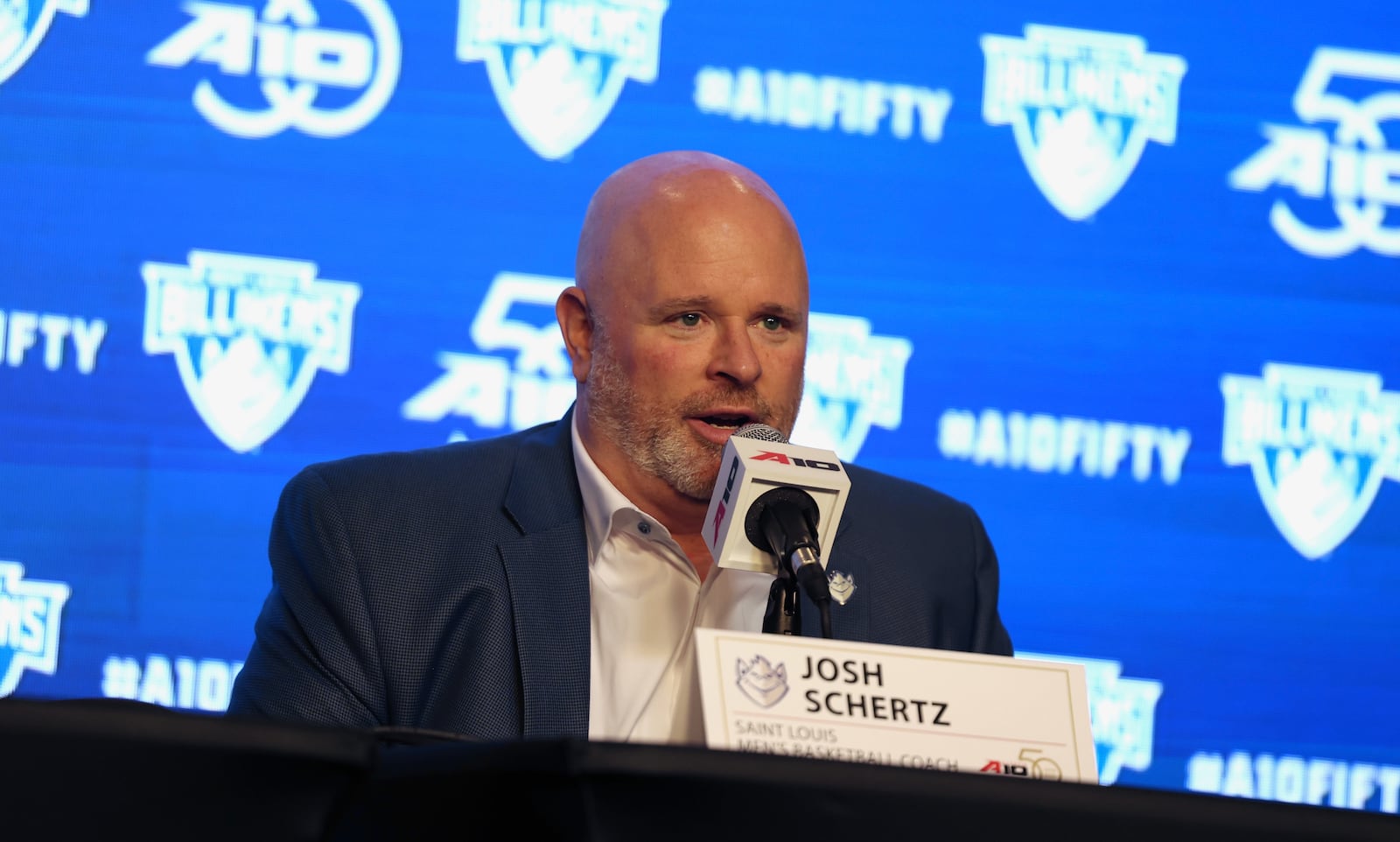 Josh Schertz, of Saint Louis, speaks at Atlantic 10 Conference Media Day on Tuesday, Sept. 30, 2025, in Pittsburgh. David Jablonski/Staff