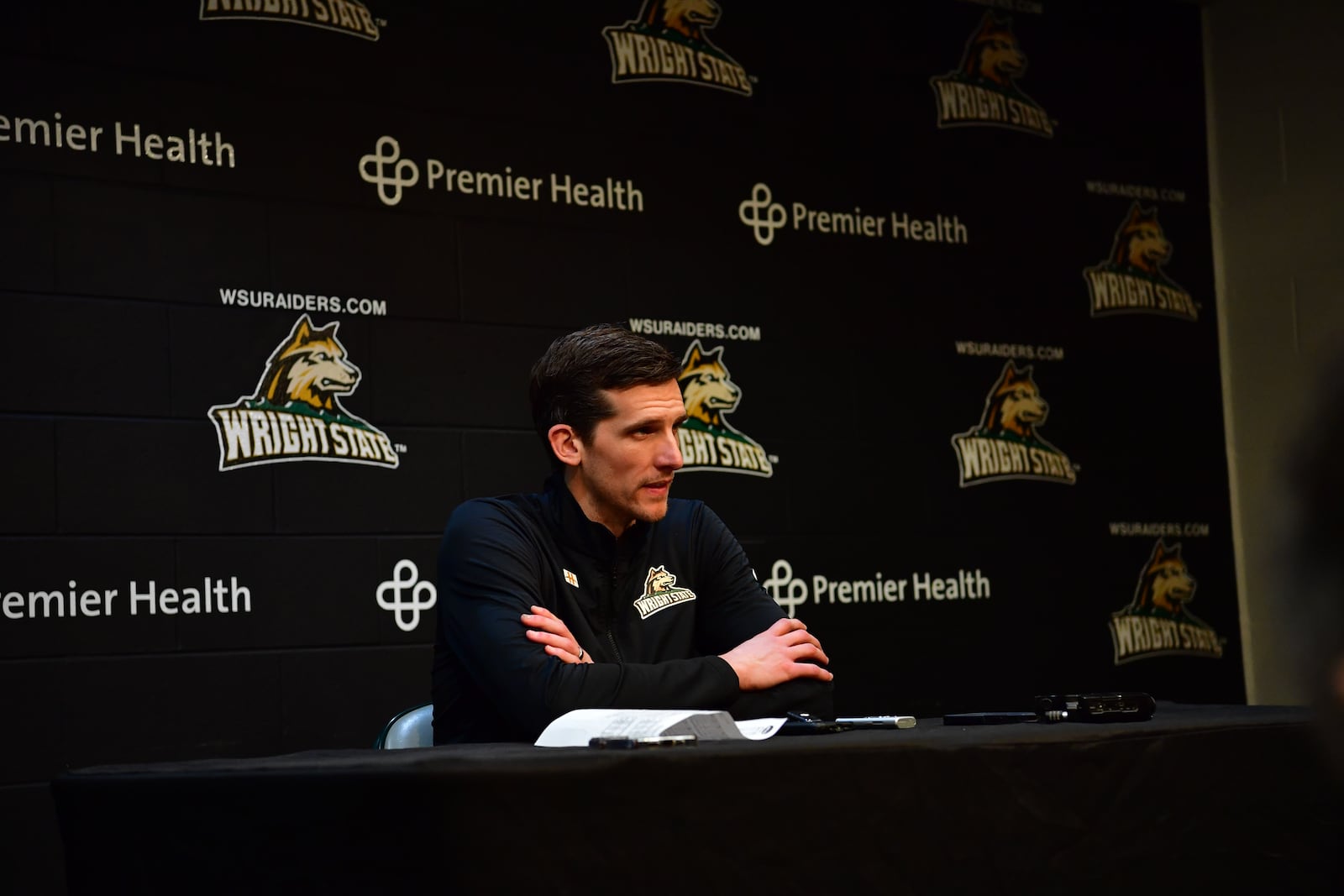 Wright State's Clint Sargent talks to the media after a first-round Horizon League game vs. IU Indy at the Nutter Center. Joe Craven/Wright State Athletics