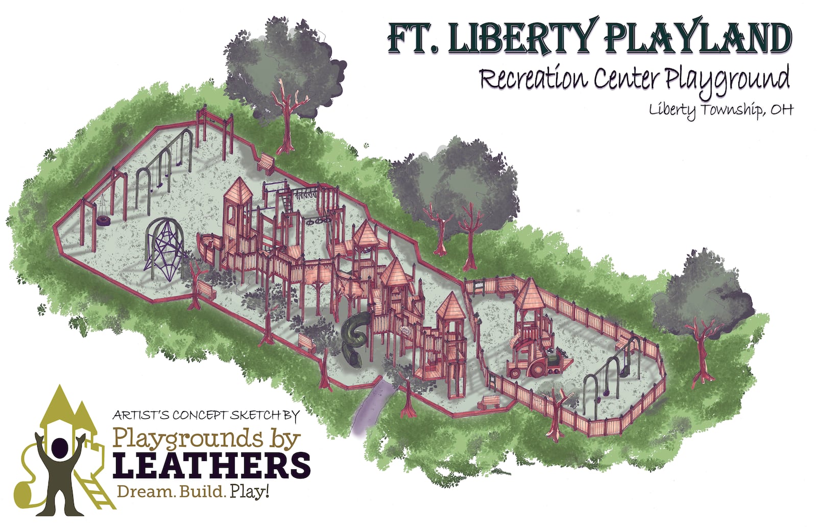 Leather & Associates worked in cooperation with a subcommittee of the Liberty Township Parks Committee to come up with this design to replace the existing fort-themed structure that has exceeded its life expectancy. Contributed drawing.