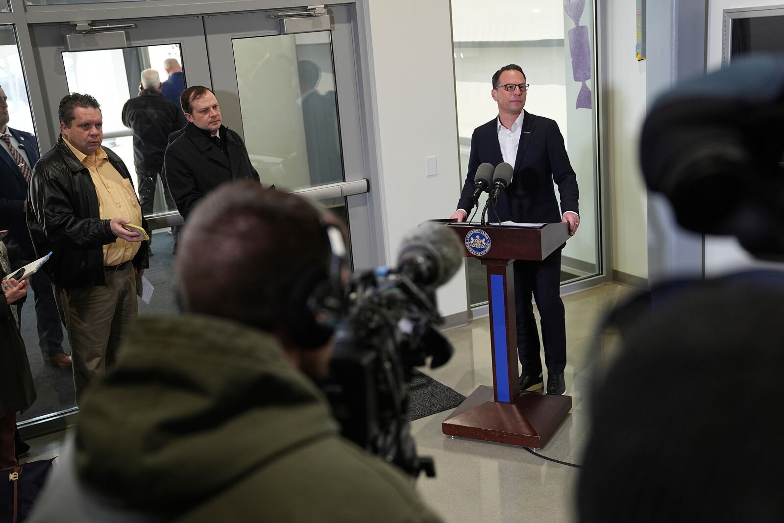 Pennsylvania Gov. Josh Shapiro visits the Hershey Company's new manufacturing plant in Hershey, Pa., Wednesday, April 16, 2025. (AP Photo/Matt Rourke)