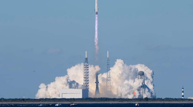 A Blue Origin New Glenn rocket lifts off from Launch Complex 36 at the Cape Canaveral Space Force Station in Cape Canaveral, Fla., Thursday, Nov. 13, 2025. (AP Photo/John Raoux)