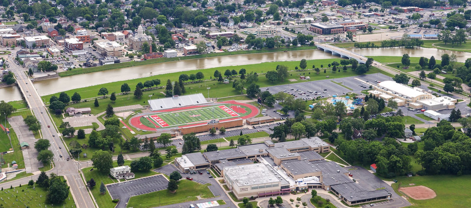 A view of Troy High School during a Goodyear Blimp ride on Friday, June 20. BRYANT BILLING / STAFF