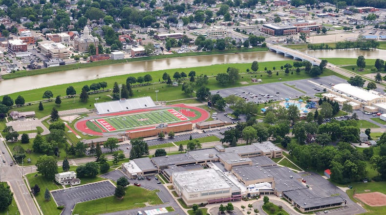 A view of Troy High School during a Goodyear Blimp ride on Friday, June 20. BRYANT BILLING / STAFF