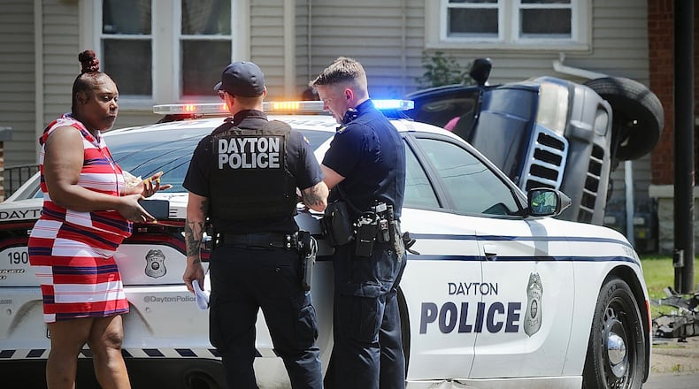 A Dayton police cruiser was involved in a crash Thursday, May 23, 2024, at West Third Street and North Decker Avenue. MARSHALL GORBY/STAFF