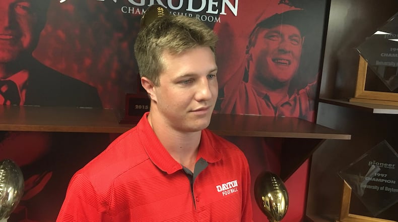 Dayton’s Adam Trautman talks to reporters on Wednesday, Aug. 7, 2019, at the Frericks Center. David Jablonski/Staff