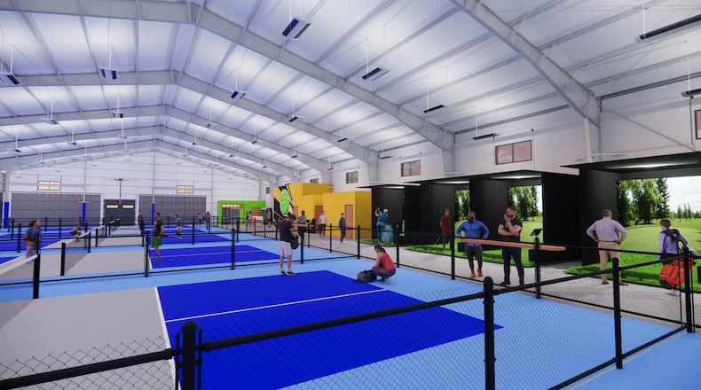 This rendering shows a new pickleball facility that is under construction at Southwest Golf Ranch off U.S. 42 in Lebanon. The venue will feature six indoor pickleball courts and two outdoor courts and is expected to be completed in early 2026. CONTRIBUTED