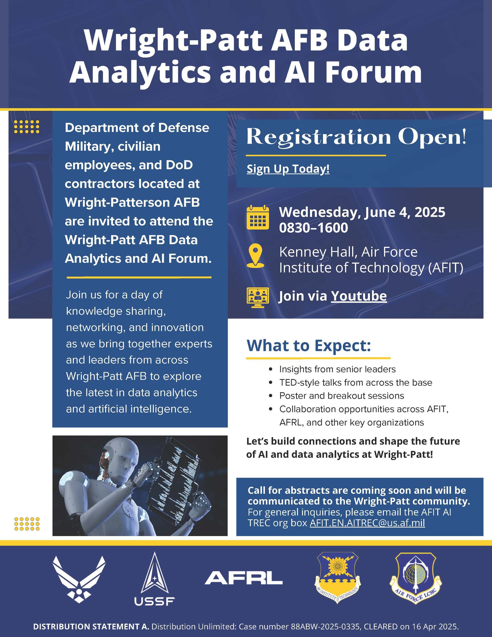 The “Wright-Patt AFB Data Analytics and AI Forum” will be June 4 at the Air Force Institute of Technology. Air Force graphic.