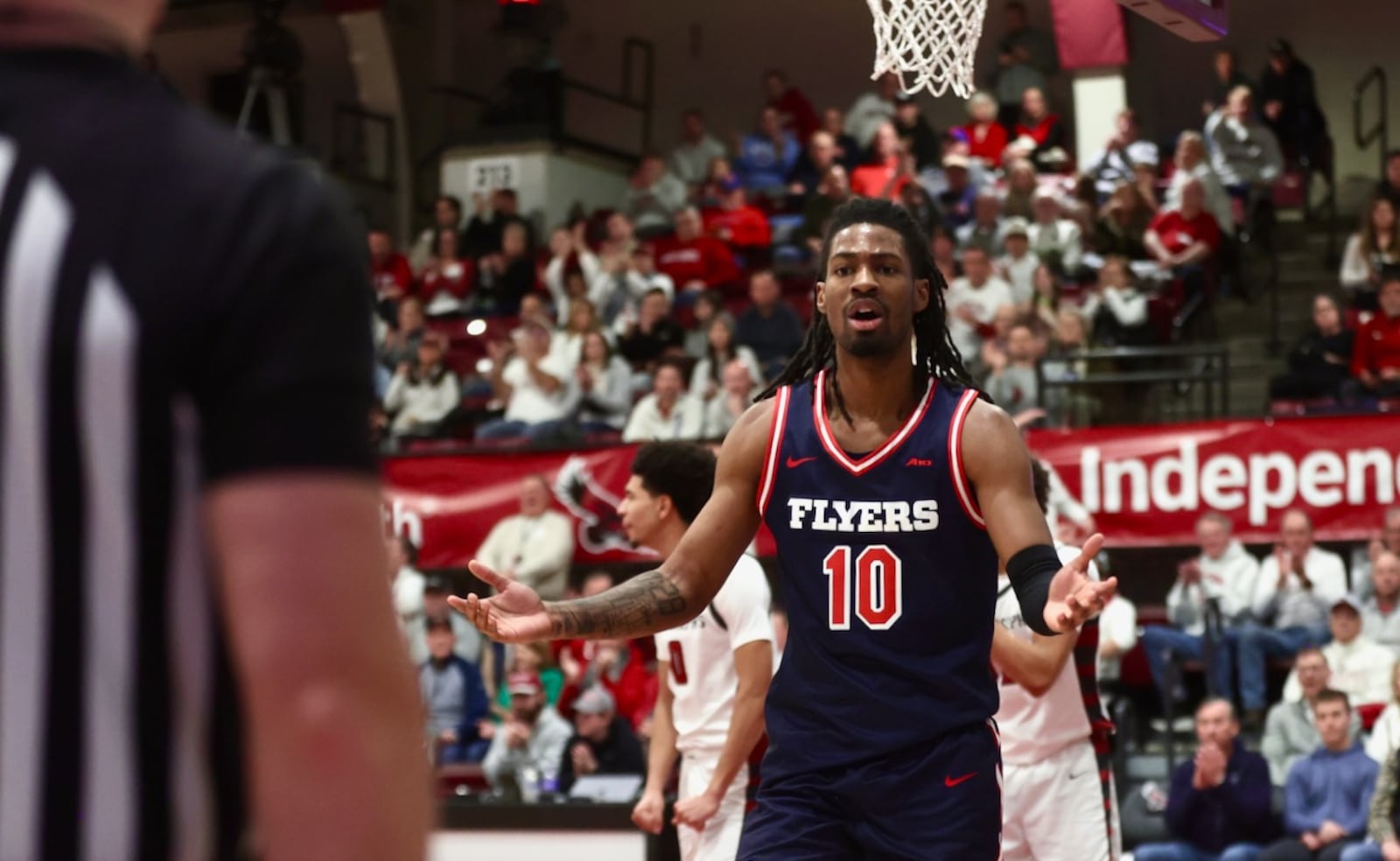 Dayton's Bryce Heard protest a call during a game against Saint Joseph’s on Saturday, Jan. 24, 2026, at Hagan Arena in Philadelphia. David Jablonski/Staff