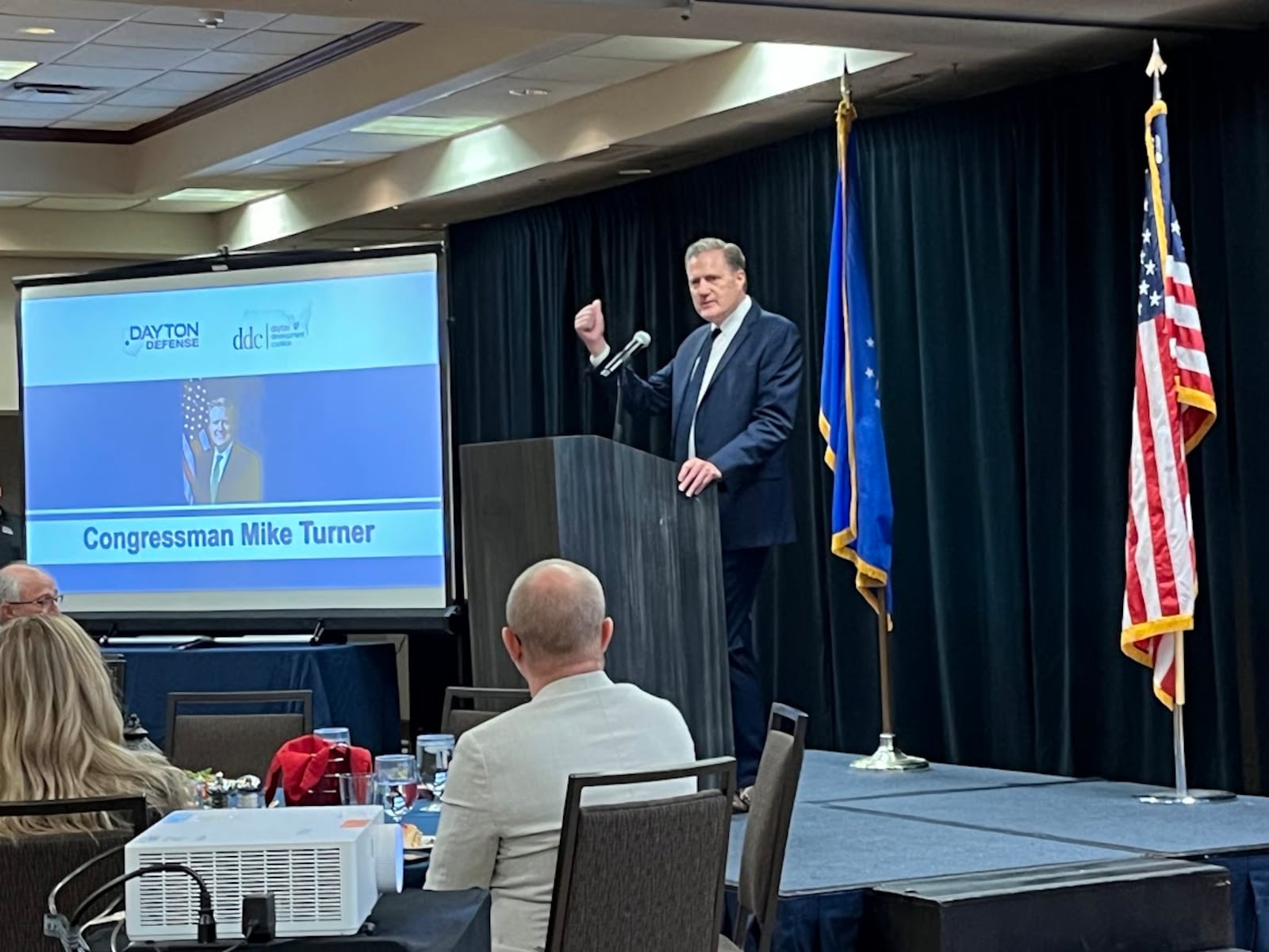 U.S. Rep. Mike Turner, speaking with members of Dayton Defense at the DoubleTree by Hilton in Fairborn on Aug. 7, 2025. THOMAS GNAU/STAFF