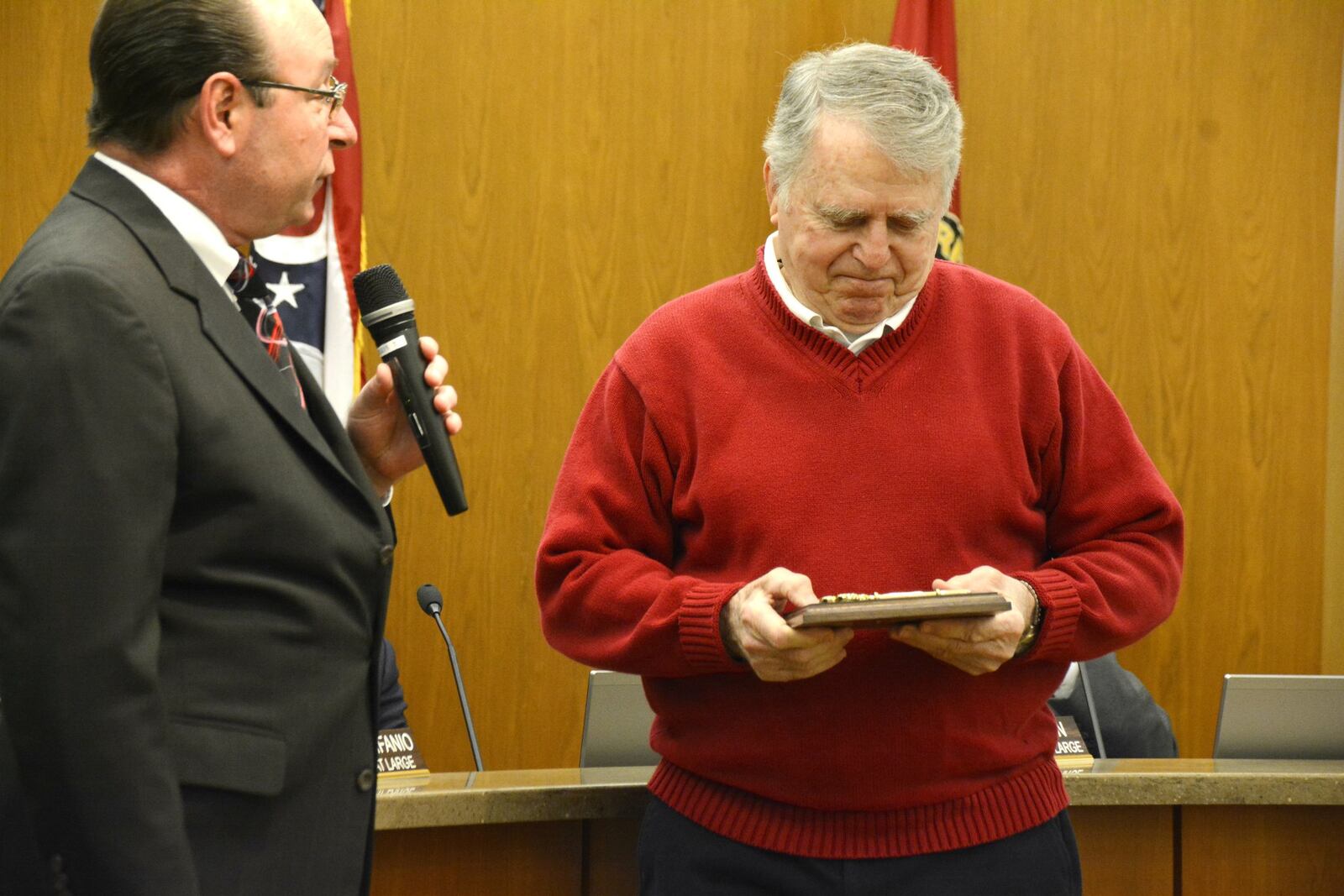 Retired Fairfield wrestling coach Ron Masanek was honored at Fairfield City Council on March 26, 2018 for what Mayor Steve Miller called a “long overdue” honor. Masanek, who retired from coaching in 2014 after 48 years as the Indians head coach, was honored with a key to the city for his contributions to the sport and the city. MICHAEL D. PITMAN/STAFF