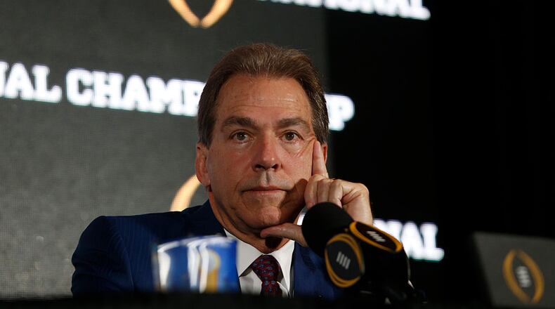 TAMPA, FL - JANUARY 8: Head coach Nick Saban of the Alabama Crimson Tide speaks to members of the media during the College Football Playoff National Championship Head Coaches Press Conference on January 8, 2017 at the Tampa Convention Center in Tampa, Florida. (Photo by Brian Blanco/Getty Images)
