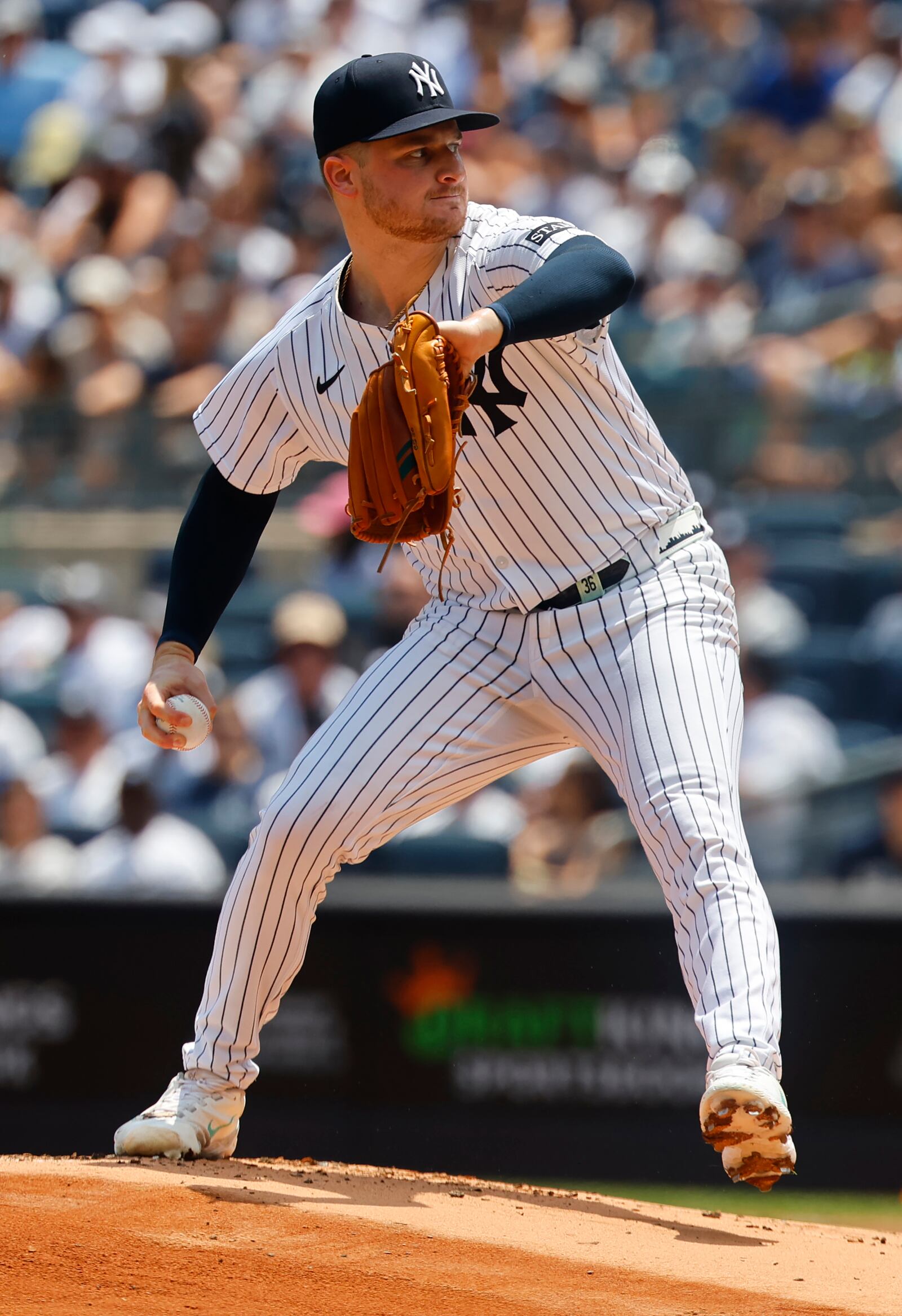 New York Yankees pitcher Clarke Schmidt (36) throws during the first inning of a baseball game against the Baltimore Orioles, Saturday, June 21, 2025, in New York. (AP Photo/Noah K. Murray)