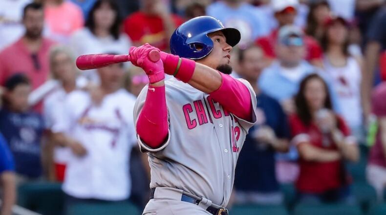 Chicago Cubs' Kyle Schwarber flies out for the final out of the ninth inning of a baseball game. The St. Louis Cardinals defeated the Chicago Cubs 5-3 Saturday, May 13, 2017, in St. Louis. (AP Photo/Tim Spyers)