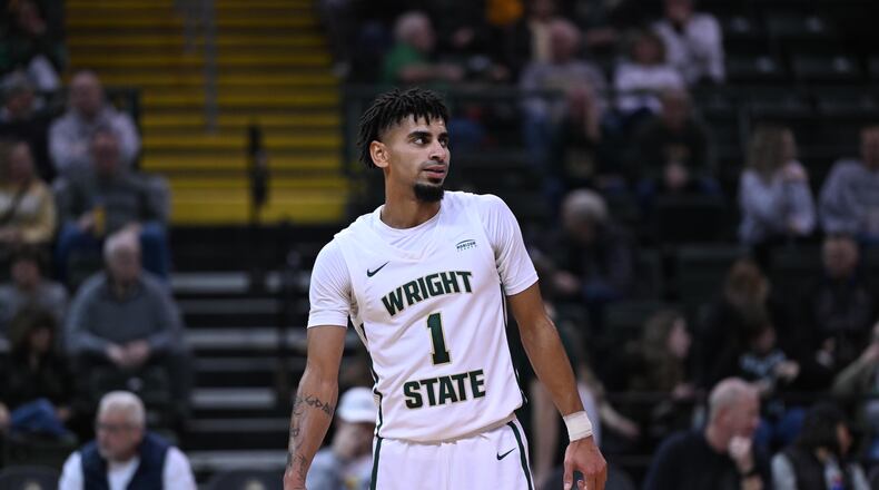 Wright State's Trey Calvin became the second player in school history to reach 2,000 career points during Thursday's win over Detroit Mercy at the Nutter Center. Joe Craven/Wright State Athletics