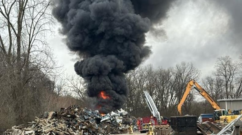 A large plume of smoke rises from a fire at Santoro Metals in Springfield Thursday, March 19, 2026. Fire crews are on scene working to extinguish the flames. Contributed photo by Springfield Fire Chief Jacob King