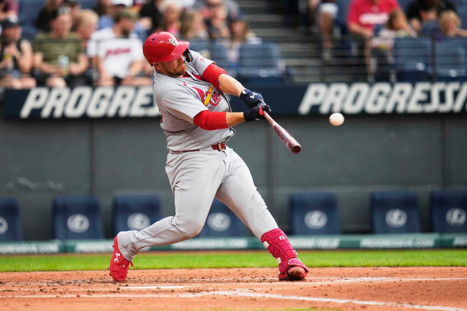 St. Louis Cardinals' Pedro Pagés hits a home run in the third inning of a baseball game against the Cleveland Guardians in Cleveland, Friday, June 27, 2025. (AP Photo/Sue Ogrocki)