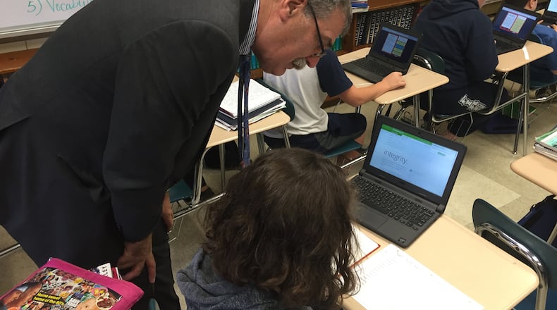 State Superintendent Richard Ross saw firsthand in 2015 how Kettering City Schools used a $8.2 million Straight A Fund grant to upgrade technology district-wide. The district used the money to transform 11 of its libraries into digital media centers. Kettering was one of three schools in the region and several across the state awarded a share of the $150 million innovation grants. LAUREN STEPHENSON/STAFF