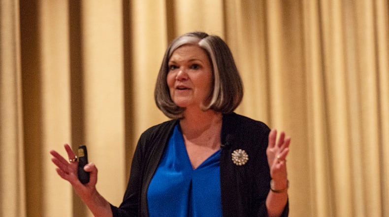 Kristen Christy, 2018 Air Force Spouse of the Year and master resiliency trainer, speaks to an audience about emotional battlefields on April 29 at Wright-Patterson Air Force Base. Kristy is the Christy is the creator of National Resilience Day — March 4th & Conquer and co-sponsor of the 9-88 suicide prevention lifeline. U.S. AIR FORCE PHOTO/JAIMA FOGG