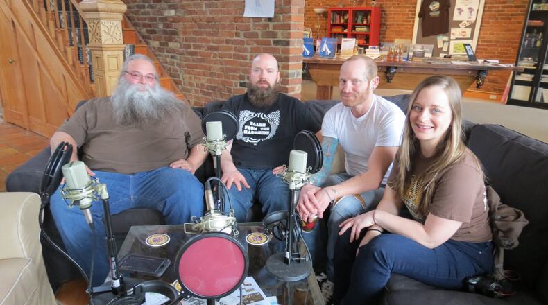 The creators of Gem City Podcast, (from left) Mark DaGrossa, Izzy Rock, Eric Ruiz and Libby Ballengee, in the Oregon District space where they have produced more than 100 episodes on local business, politics, music and more. DON THRASHER/CONTRIBUTED