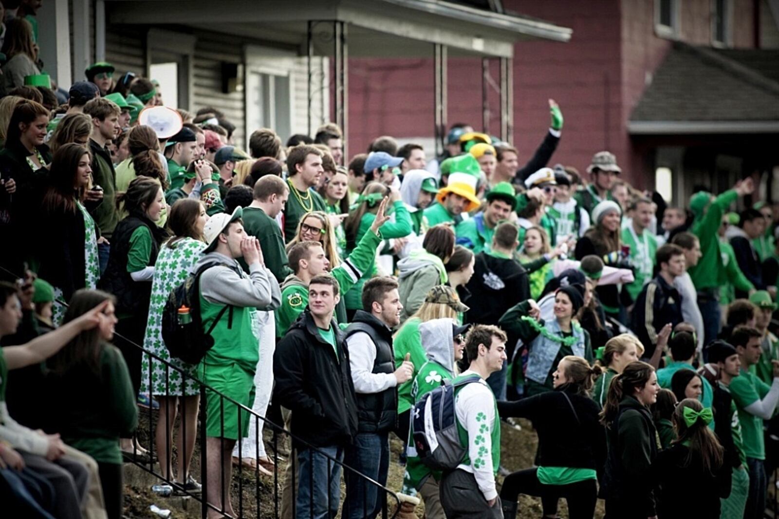 Hundreds of University of Dayton students gathered in the neighborhood of UD-owned student houses on Monday, March 17, 2014, to celebrate St. Patrick's Day.