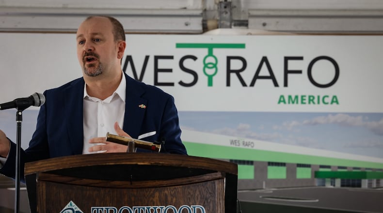 WESTRAFO America CEO Alberto Cracco talks to the crowd before the groundbreaking of his companies first manufacturing facility being built in Trotwood. WESTRAFO could have built anywhere in the country but picked Trotwood.Jim Noelker/Staff