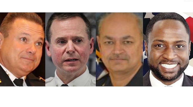Four finalists to become the next Dayton police chief have been named. They include, from the left, Joseph Sullivan, the former deputy police commissioner of Philadelphia; Dayton Interim police director and chief Matt Carper;
Kamran Afzal, police chief of Hopewell, Virginia; and John Pate, chief administrative officer and director of public safety in Opa-Locka, Florida. CONTRIBUTED