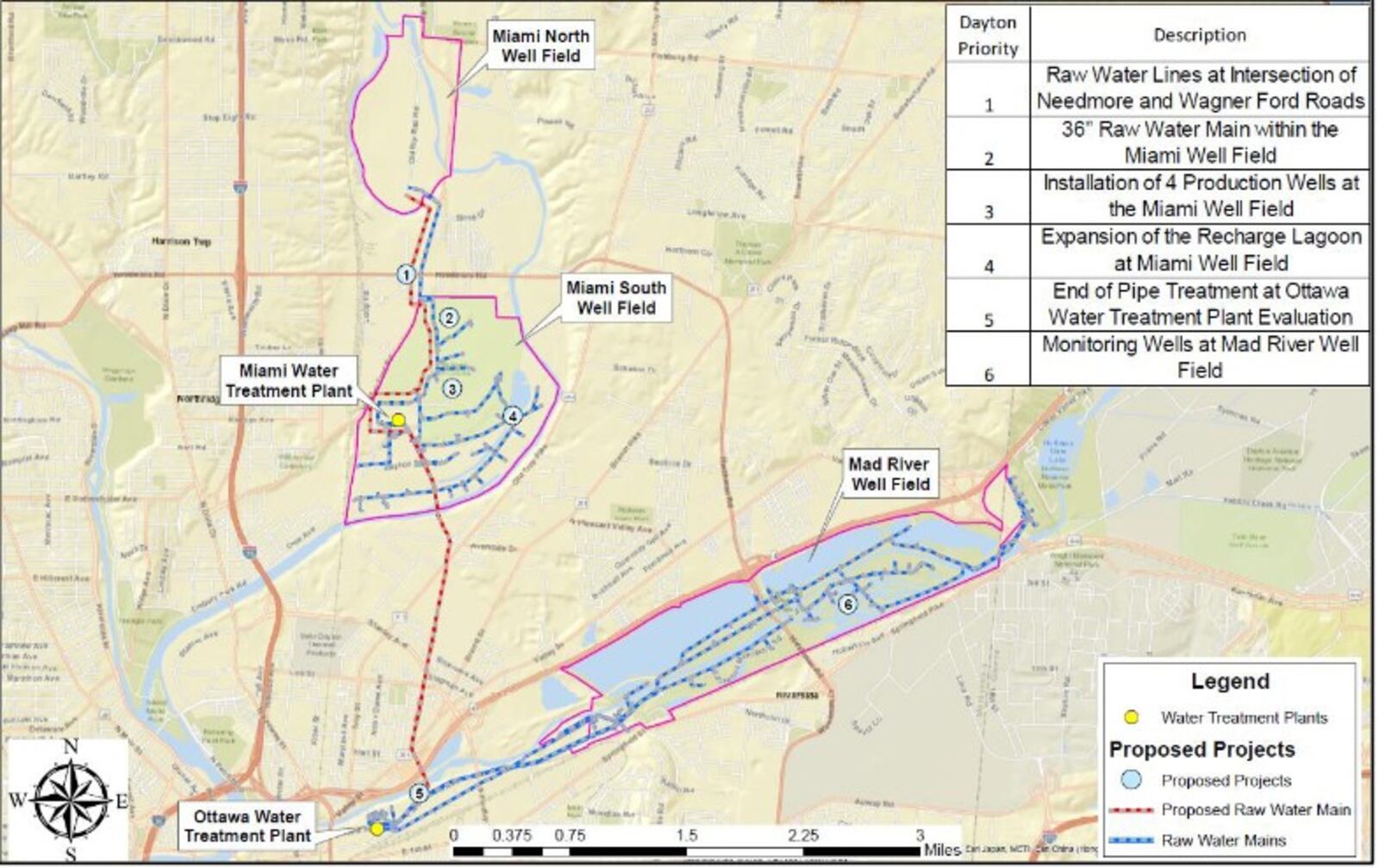 This map shows potential city of Dayton water system projects aimed at combating PFAS, also known as forever chemicals. This map of potential projects was included in a limited environmental review by the Ohio EPA, which the agency conducted to evaluate the city's request for funding for a new 36-inch raw water main. CONTRIBUTED