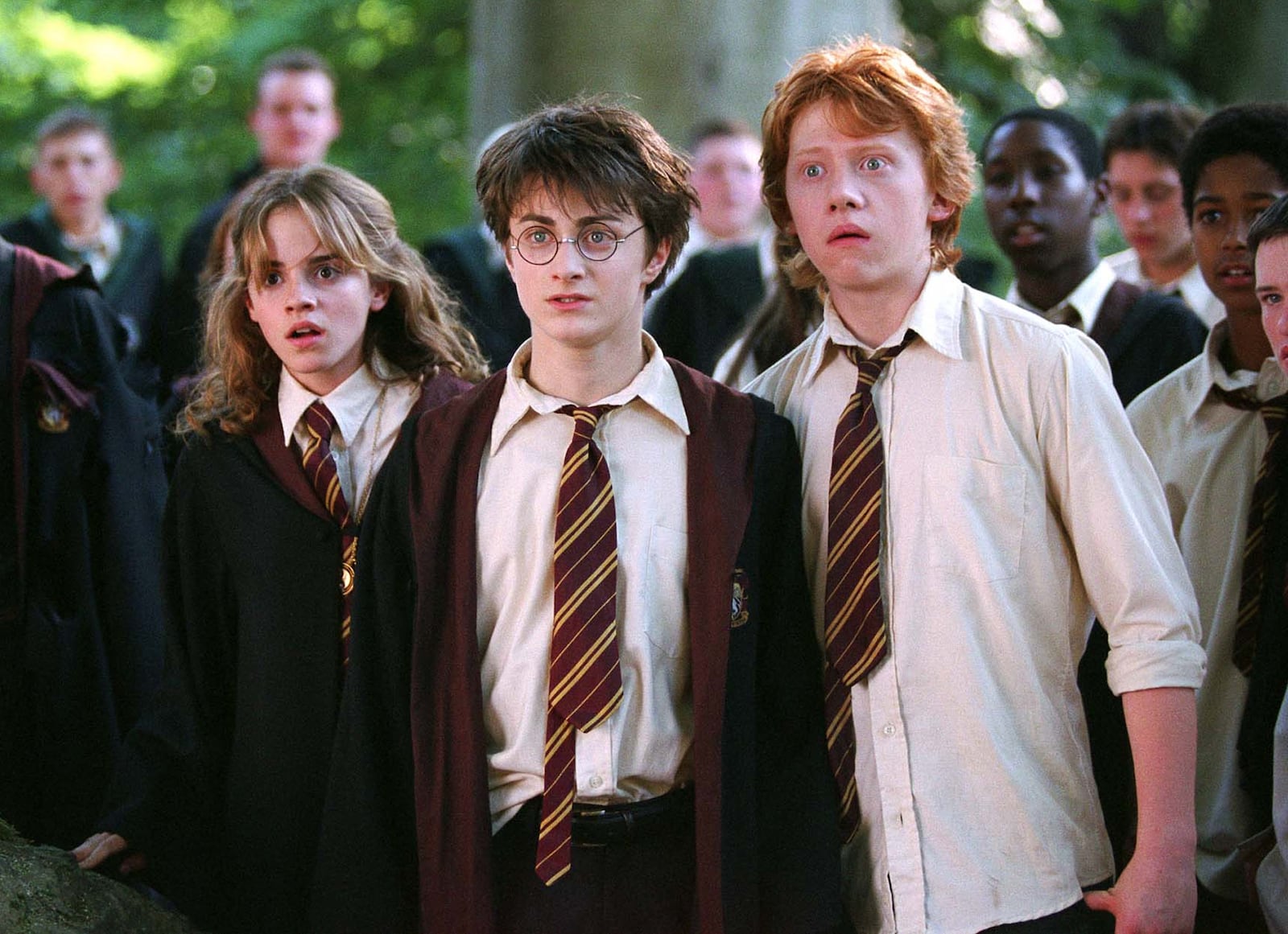 In this image released by Warner Bros., from left, Emma Watson as Hermione Granger, Daniel Radcliffe as Harry Potter and  Rupert Grint as Ron Weasley are shown in a scene from "Harry Potter and the Prisoner of Azkaban."  (AP Photo/Warner Bros., Murray Close)